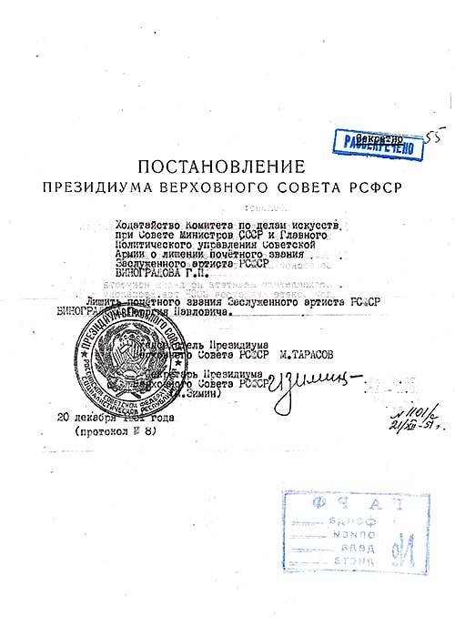 Постановление от 20 декабря 1951 года о лишении Г.П.Виноградова звания Заслуженного артиста РСФСР